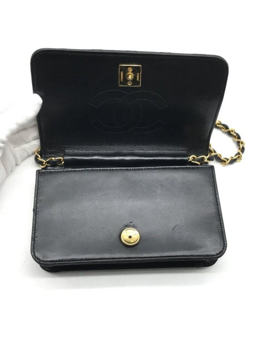 Chanel CC Logo Mini Quilted Push Lock Leather Chain Shoulder Bag Black - Picture 7 of 10